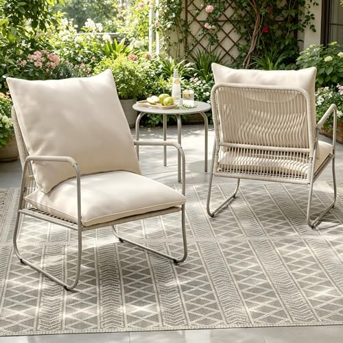 ALAULM 3-Piece Garden Conversation Set,Breathable Woven PE Rattan Chairs with Washable Cushions & Round Metal Coffee Table, Outdoor Patio Furniture Set for Garden, Balcony, Porch & Backyard (Beige)