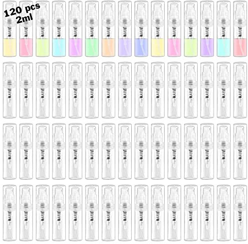 Csdtylh Mini Spray Bottle, Clear Plastic Empty Sample Containers, Fine Mist Perfume Travel Refillable Spray Bottle Perfume Atomizer Small Portable Bottle for Cleaning, Travel, Essential Oils(120, 2ml)