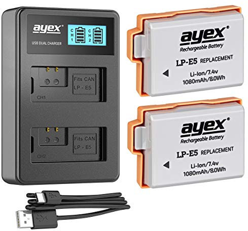 Power Pack with 2 x ayex LP-E5 Batteries + USB Dual Charger – 100% Compatible with Canon EOS 450D, 500D, 1000D, Rebel Xsi, Rebel T1i, Rebel XS