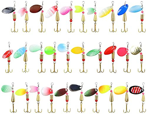 30-teiliges Angelköder-Set, Spinnköder, für Barsch, Forelle, Zander, Lachs, verschiedene Metallköder, Inline-Spinnköder.