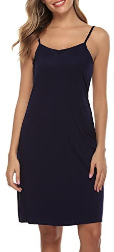 Vlazom Fond de Robe Femme Modal Elégant Chemise de Nuit Antistatique Gainant Jupons Bandoulière réglable，A Bleu Foncé，S
