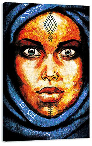 Arjazia Tableau Portrait Femme Berbère - Décoration murale Arabe - 90x60cm et 120x80cm - Bleu - Impression sur Toile Haute Résolution - Toile Tendue sur un Cadre en Bois (120x80cm)