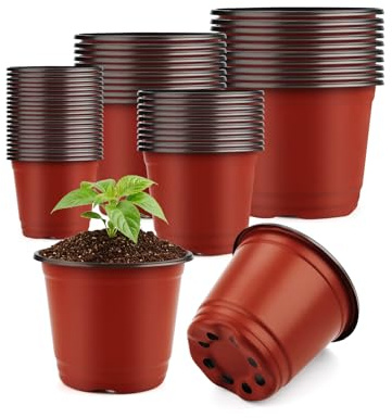 Mengxin 50 Pièces Pot de Fleur en Plastique avec Trous de Drainage, 10/12/14/15cm Godets de Repiquage, Godets Semises pour de Balcon Intérieur et Extérieur (Rouge-1)