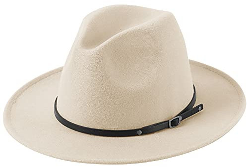 Lanzom Klassischer Damen-Panamahut mit breiter Krempe, Gürtelschnalle, Wolle, Fedora-Hut, passend für Größe 40-40, Beige, Einheitsgröße