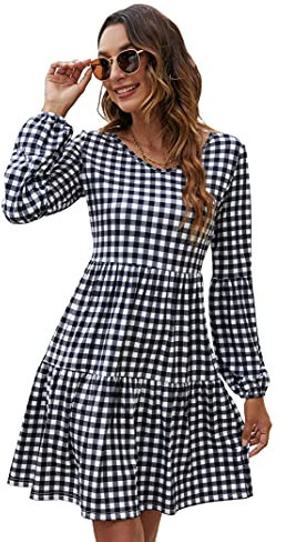 KOJOOIN Tunique Robe Boho Bohème Robe Vintage Robe Lâche Casual Swing Robe avec Froncé Flatteur,A-Noir Blanc Grille,XL