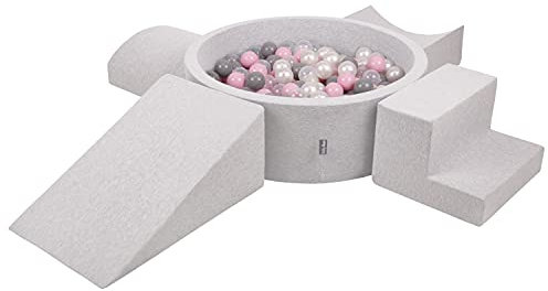 KiddyMoon Spielplatz Aus Schaumstoff Mit Rund Bällebad (200 Bälle) Ballgruben Für Babys Spielbad Hindernisläufen, Hergestellt In Der EU, Hellgrau:Perle/Grau/Transparent/Puderrosa