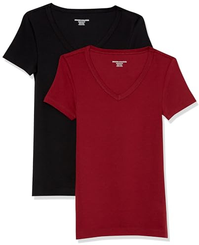 Amazon Essentials T-Shirt con Scollo a v a Maniche Corte Slim Donna, Pacco da 2, Nero/Bordeaux, XS