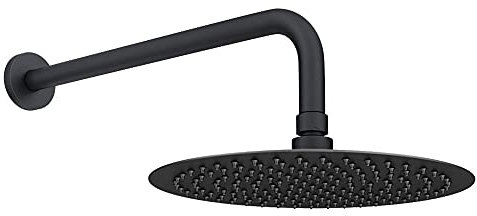 ENKI, RA068, Contemporary Wall Fixed Round Ultra Slim Stainless Steel Shower Head 12 with Shower Arm - Matte Black