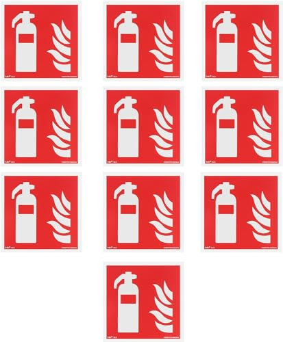 Extintor de señalización de protección contra incendios según DIN EN ISO 7010, paquete de 10, placa de plástico fotoluminiscente, placa de PVC con cinta adhesiva especial de espuma de mon
