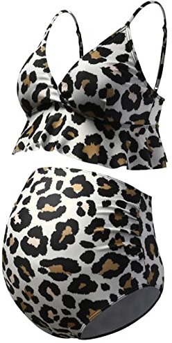 Bhome Bikini Premaman Set Due Pezzi Costume da Bagno di Gravidanza Costumi da Bagno A Vita AltaRuffle Estate Costumi da, Leopardi Stampati, M
