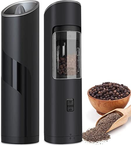 Electric Salt or Pepper Grinder, Battery Operated Gravity Pepper Grinder with Light and Switch Button, Automatic Pepper Mill with One Hand Operation Refillable for Kitchen/Resturant/BBQ (2 Pack)
