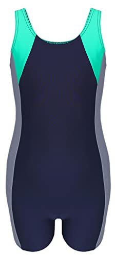 Aquarti Girls' One Piece Shorty Swimsuit Child, Dark Blue/Grey/Green, 164