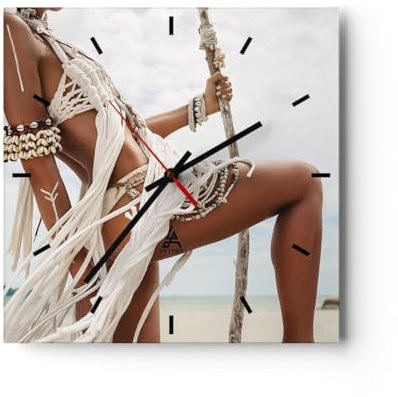 Modern Wanduhr Frau Freiheit Exotik 40x40cm Quadrat Groß Wand Uhr Glas Analog Zimmeruhren Küche Büro Wohnzimmer Glasuhr Wall Clock Dekoration Design Wanddekoration Küchenuhr C3AC40x40-4942