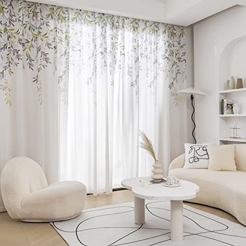 M&W DAS DESIGN Gardinenschal Blätter Bedruckt Store Gardinen halbtransparent Stoff Voile Dekoschal lichtdurchlässig Fensterschal Ösenschal weich (1 Stück)