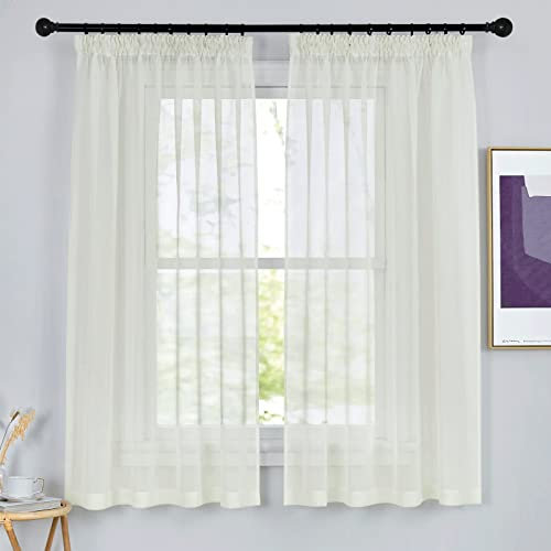 PONY DANCE Vorhang Transparent Kräuselband Gardienen 2-Set H 160 x B 140 cm Wohnzimmer Gardinen Kurz Durchsichtige Gardinen mit Kräuselband Vorhänge Leinenoptik Creme