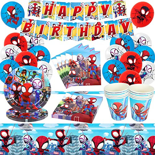 Spiderman Partygeschirr Set, 60PCS Spiderman Geburtstagsdeko Partygeschirr Kindergeburtstag Party Supplies Luftballons, Banner, Teller, Tassen, Servietten, Tischdecken für 10 Gäste