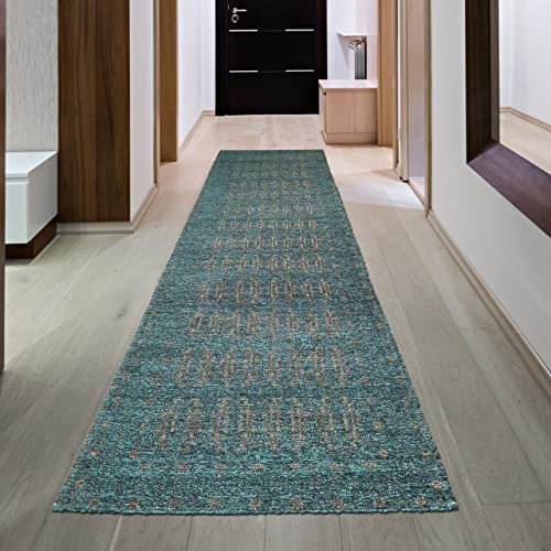 Teppich-Traum Teppich Flur Orientalisch Modern Kurzflor Pflegeleicht Hautsympathisch - Petrol Gold, 80 x 300 cm