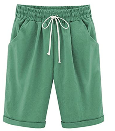 oglccg Womens Half Pants Plus Size Knee Length Cotton Linen Shorts with Pockets Summer Solid Beach Vacation Straight Leg Trousers Drawstring Elastic Waist Bermuda Work Shorts, #08 Green 3XL