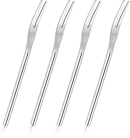 Tenedores de postre de frutas de acero inoxidable de 12,9 cm, 2 dientes, tenedores de helado de ensalada de pepinillos con mango redondo sólido, juego de 4, plateado