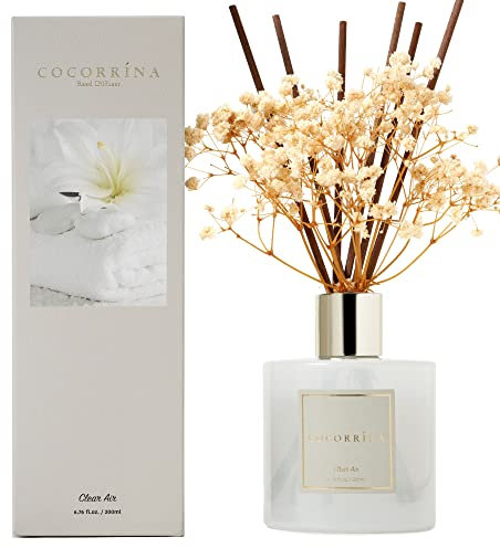 Cocorrína Raumduft Reed Diffuser mit 8 Duftstäbchen 200ml- Klare Luft, Natürlich, Langanhaltend, Home Duft ätherisches Öl Reed Diffusor für Badezimmer Regal Dekoration