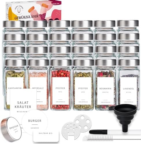 Happy Lemuro 24er Gewürzdosen Set [120ml] 301 Etiketten auf Deutsch | Gewürzgläser mit Streueinsatz, Premium Edelstahldeckeln & Zubehör - Gewürzbehälter Set, Gewürzaufbewahrung, Gewürz Organizer