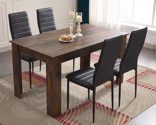 Blisswood Dining Table Set, Dining Table And Chair Set, Pu Leather Dining Room Chairs and 17mm Thick Table Top Long Modern Dining Table Set (Rustic Dining Table And 4 Black Chair)