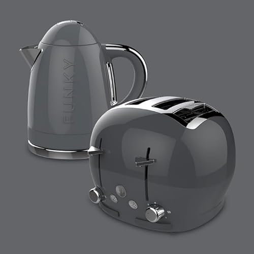 FUNKY Retro Kettle and Toaster Breakfast Set, 1.7L Easy Pour Kettle, Large Deep and Wide Toaster - Grey
