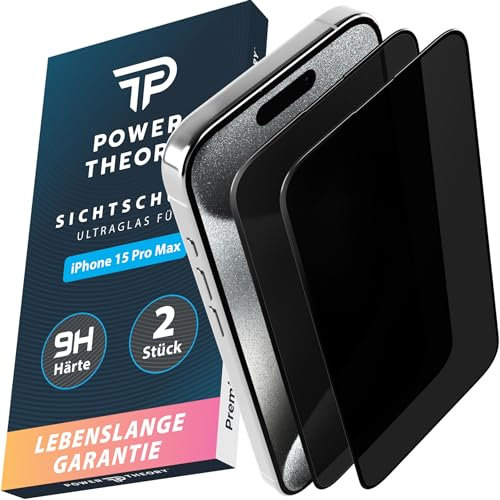 Power Theory Sichtschutzfolie für iPhone 15 Pro Max, Ultra-Glas mit 9H Bruchfestigkeit, Blasenfrei & Schnelle Installation [2 Stück]