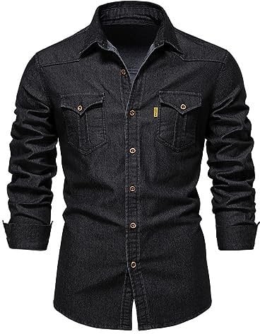 MCGOS Mens Oversized Denim Look Western Cowboy Oxford Shirts Tees Shirt Men's Long Sleeve Button Down Non Iron Slim Fit T-shirt Casual Shirts Trendy Top with Pockets Black UK Size 12