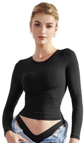EMOTTOS Women Y2K Crop Tops, Slim Fit Round Neck Shirts, Double Lined Fitted Long Sleeve T-Shirt, Fashion Skinny Y2K Tee Shirt(Black, L)