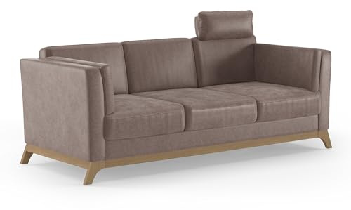 Cavadore 3er-Sofa Vida / 3-Sitzer Couch im trendigen Design mit massivem Holzrahmen in Buche, Kopfstütze mit Kuschelkissen / 213 x 84 x 93 / Mikrofaser, Hellbraun