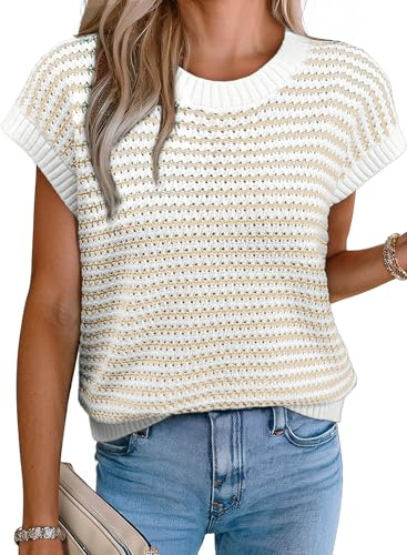 EVALESS Womens Knit Crew Neck Sweater Vest Lightweight Tank Top Khaki L