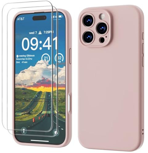 GOODVISH 3 IN 1 for iPhone 16 Pro Case 6.3 inch, Upgraded Camera Protection, 2X HD Screen Protector, Liquid Silicone Anti-Scratch Shockproof Gel Rubber Anti-Fingerprint Phone Case Cover, Sand Pink
