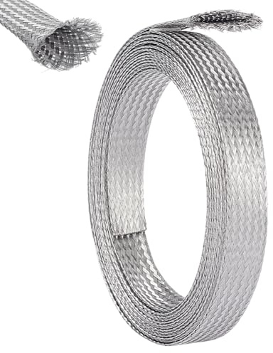 UNICRAFTALE 0.59 Wide Stainless Steel Braided Sleeving Braid 13.12 Feet Cable Wire Shielding Sleeve Ground Straps Protection Metal Mesh Flexible Expandable Scalable Ribbon Wire for Protect Cable