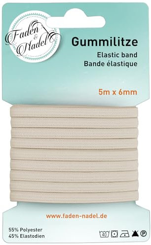 Faden & Nadel 6 mm Gummilitze : elastisches Gummiband, 10 m lang, Kochfest u. bügelbar, beige