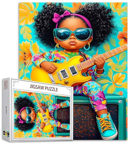 Tucocoo Little Black Girl Jigsaw Puzzle 1000 Pieces Puzzles for Adults, Yellow Electric Guitar Modern Art Puzzles for Challenging Family Activity Games Colorful DIY Crafts Puzzle for Home Decor Gifts