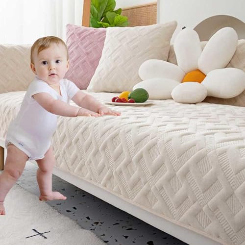 Couchschoner Sitzfläche rutschfest, Sofa Überzug Ecksofa Ohne Armlehne 2 3 4 1 Sitzer, Sofa Überzug L Form Samt, Sofaschutz Katze Decke,#Beige-90x180cm