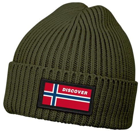 Neverless® Herren Beanie Wintermütze mit Patch Norwegen Flagge Aufdruck Print Strickmütze Männer Rippstrick Oliv Unisize