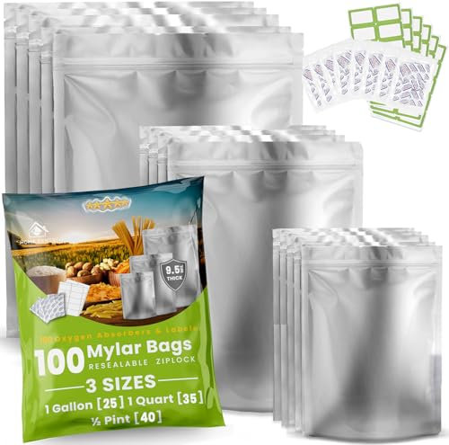 100pcs Mylar Bags for Food Storage - Extra Thick 10 Mil - Gallon/Quart/Pint - Mylar Bags with Oxygen Absorbers 400cc - Zip Resealable Mylar Bags - Bolsas Mylar