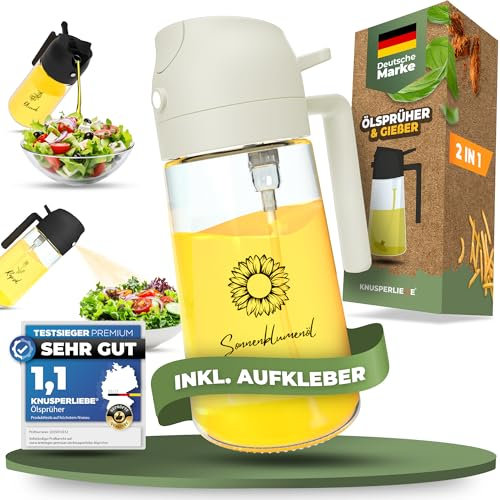 KNUSPERLIEBE® 2-in-1 Ölsprüher und Ölspender 470ml für Speiseöl, inkl. 5 Aufkleber, ideal für Airfryer, Olivenöl Flasche, Ölzerstäuber, Ölspray Zerstäuber, Sprühöl, Küchen Gadgets für Kochen, BPA-FREI