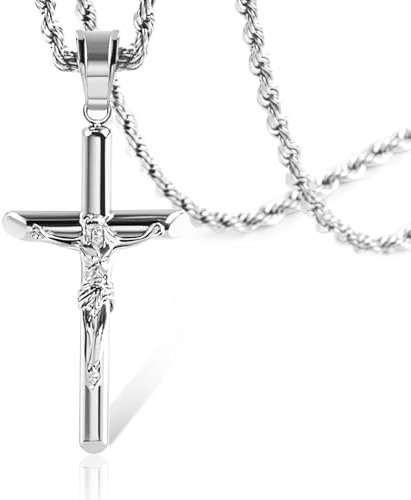 ALEXCRAFT Edelstahl Silber Kreuz Kette Herren Damen Halskette mit Anhänger Modeschmuck für Sie Frauen Freundin Mama Kreuz Größe 39 * 21cm Kette Länge 55+5cm