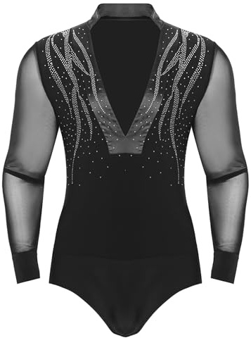 Yihuimin Body para hombre con cuello de pico, con botones de presión en la entrepierna brillante, traje de gimnasia de una pieza, camiseta latina, tango rumba
