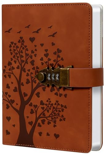 HwxBen Carnet en cuir PU avec serrure à combinaison, motif arbre en cœur, marron, format A5, 244 pages, avec porte-stylo, poche intérieure et marque-page, idéal pour écrire ou offrir