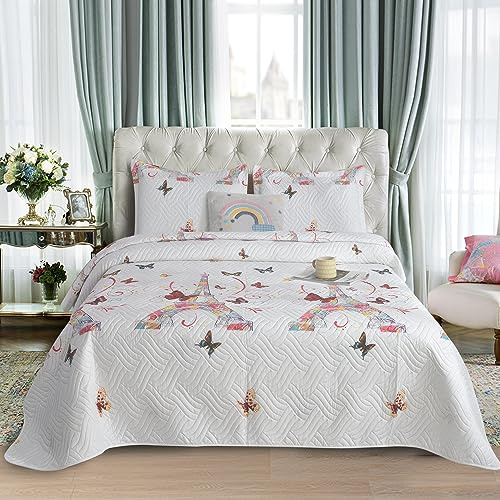 CHARKHAH 3 Piece Reversible Quilted Bedspread Set Lightweight Microfiber Patchwork Floral Quilt with 2 Pillow Shams – 30 Stylish Designs Ideal for Double & King Size Beds 220x240cm (Butterfly Grace)