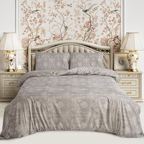 SAIMAZ 4 Piece Printed Bedding Set Duvet Cover, Deep Fitted Sheet & 2 Pillowcases Single, Double, King, Super King Sizes Soft Microfiber, Wrinkle-Resistant, Easy Care (Double, Vintage Grey)