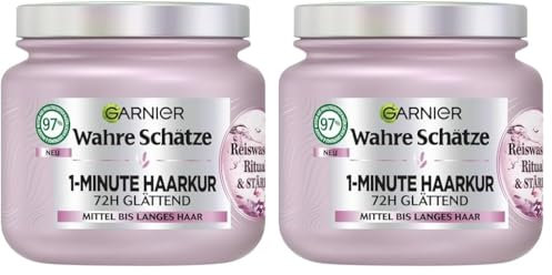 Garnier Wahre Schätze 1-Minute Haarkur für mittellanges bis langes Haar, Glättende Haarkur mit Reiswasser und Stärke, Für mehr Glanz und Geschmeidigkeit, Reiswasser Ritual & Stärke, 1 x 340 ml