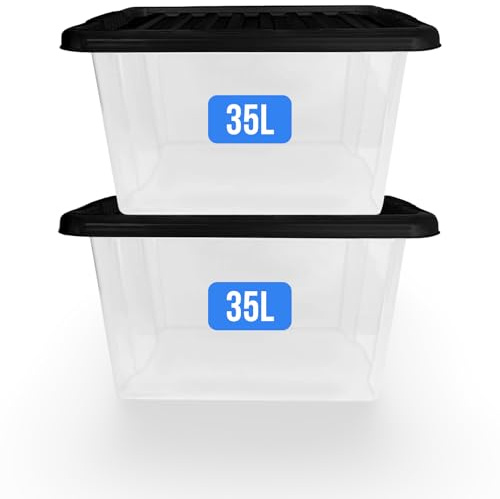 KAPCO 35L Storage Box with Lid, Transparent Plastic Tubs Set of 2 | Strong, Stackable Containers with Black Lids | Multipurpose Plastic Storage Boxes for Office, Loft, Pantry | BPA-Free, Durable