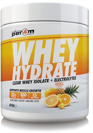 Per4m Whey Hydrate | 23g Whey Isolate & Aquamin Electrolytes | Muslce Growth & Hydration | Clear, Refreshing & Low in Sugar | 15 Serving (450g, Orange & Pineapple)