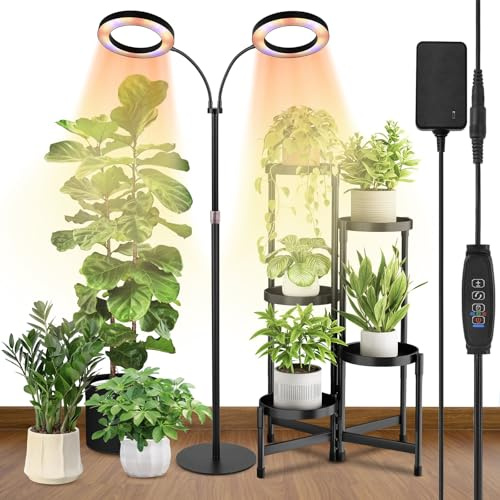 Pflanzenlampe Led Vollspektrum, 2-Kopf Grow Lamp for Indoor Plant, Schwarz | Stehlampe mit Timer 3/9/12 Std, 10 Helligkeitsstufen, Flexibler Schwanenhals, Höhenverstellbar 23-67 Zoll für große Pflanzen