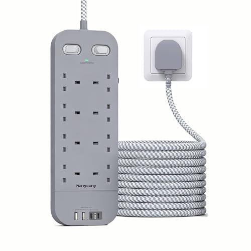 3M Extension Lead Grey, 8 Way Outlets Power Strip with 2 USB C 2 USB A | 1800J Surge Protection, 3250W 13A Double Switch 10FT Braided Cable, Wall Mountable Multi Plug Socket for Home Office UK Cabin